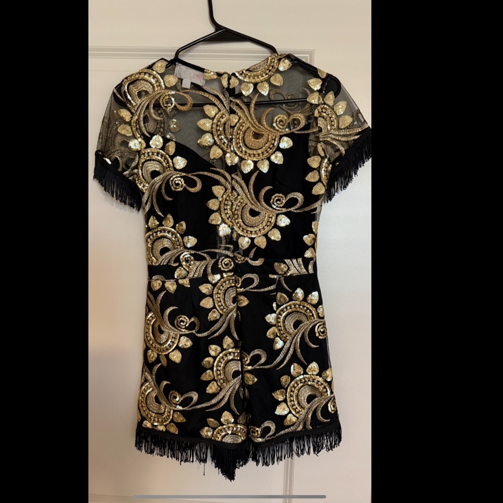 Black & Gold fringe, mesh, and sequin short sleeve fun party romper
